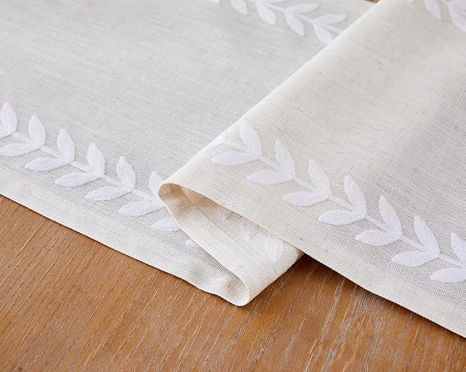 Linen Embroidered Table Runner, Farmhouse Irregular Willow Leaf Table Runner - Image 4