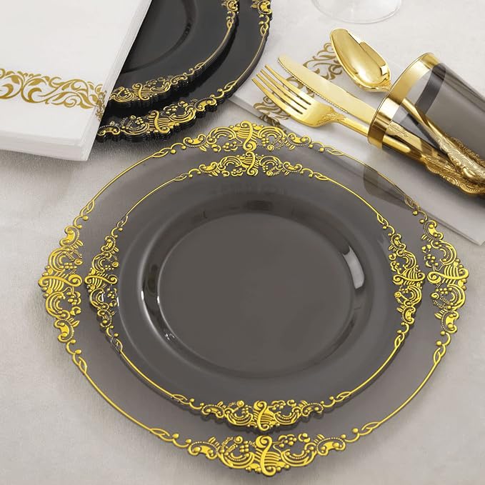 Nervure 175Pcs Black Plastic Plates, Plastic Dinnerware Set - Image 2