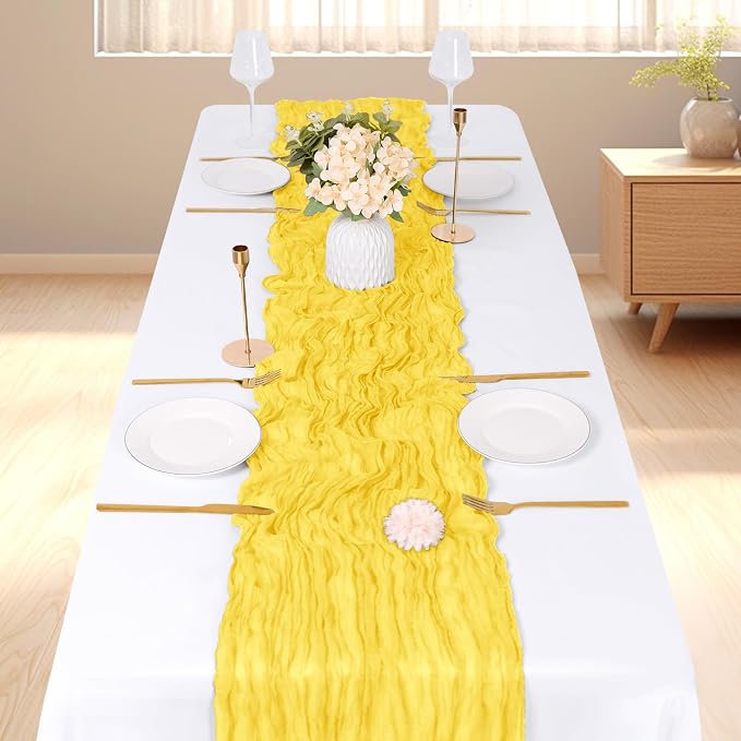 3 Pack Lemon Yellow Cheesecloth Table Runner, 17 x 108 inch, Semi Sheer Boho - Image 2