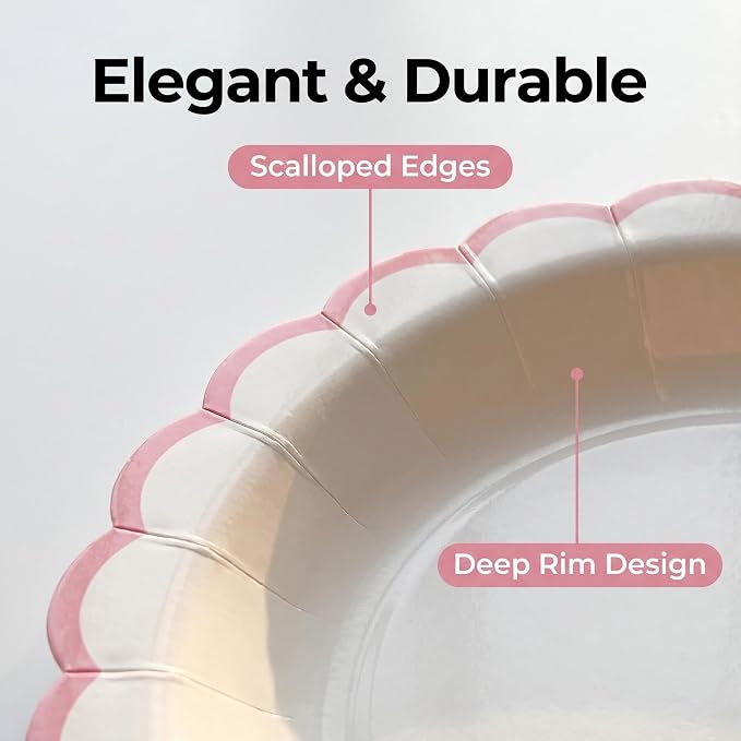 30 Pack Pink and White Paper Plates 7 Inch, Disposable Scalloped Plates Dinner - Image 4
