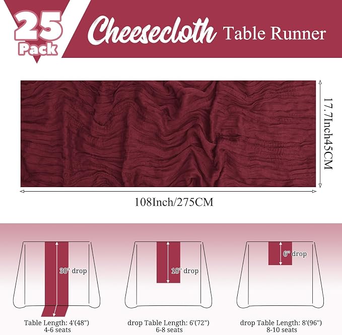 25 Pack Burgundy Table Runners 17 x 108inch Cheesecloth Table Runner Boho Gauze - Image 2