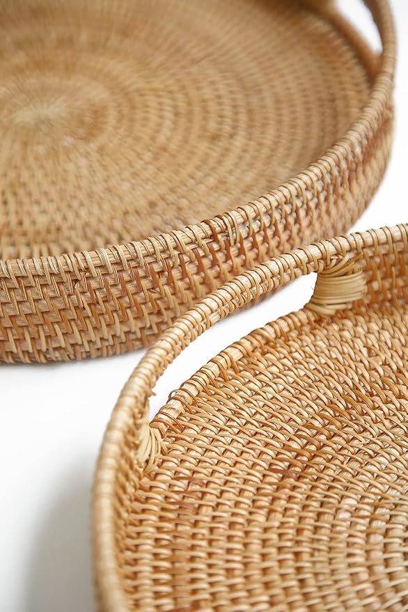 HITOMEN 11.8" Hand-Woven Round Rattan Serving Tray Decorative Wicker Trays - Image 5