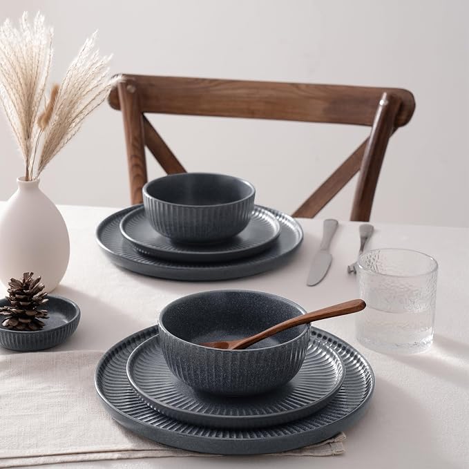 Famiware Ceramic Plates and Bowls Sets, Reactive Glaze Ribbed Dishes - Image 5