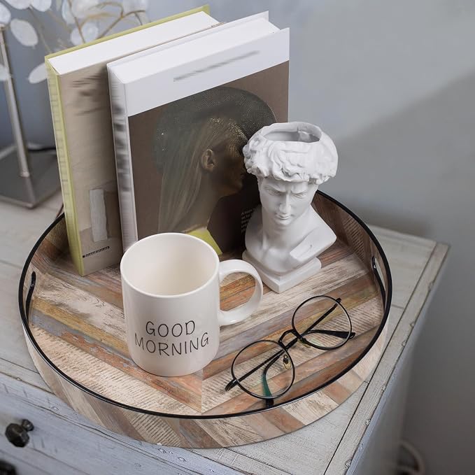 13" Round Decorative Tray, Faux Wood Serving Tray - Image 6