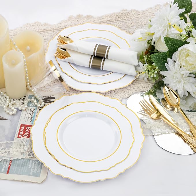 350PCS Gold Plastic Plates-Disposable White and Gold Plates 50guest Baroque - Image 5