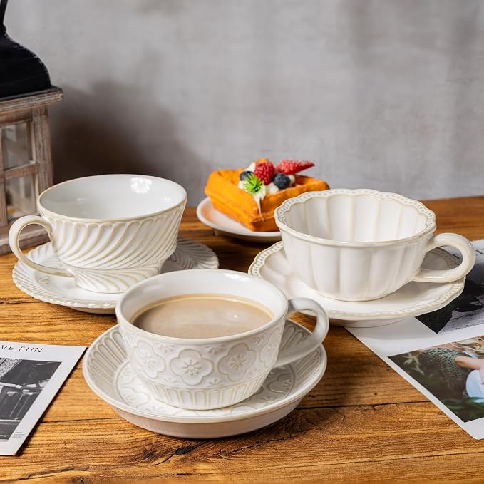 Latte Cup with Saucer, 12 OZ Cappuccino Cup Vintage Cafe Art Cups - Image 6