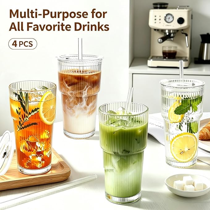 4PCS 20oz Glass Cups with Lids and Straws, Iced Coffee Cups with Lids, Stylish - Image 2