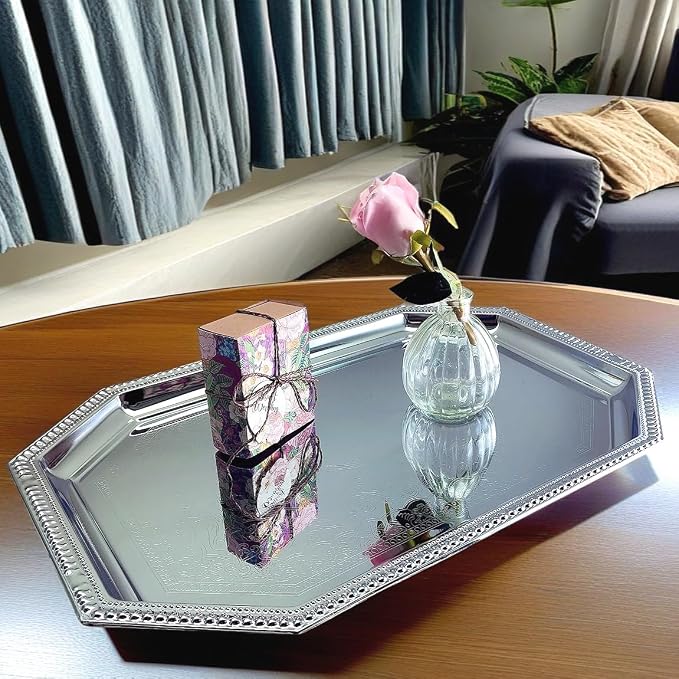 Elegant Floral Engraved Serving Tray Chrome Plated Steel Plate Platter - Image 6