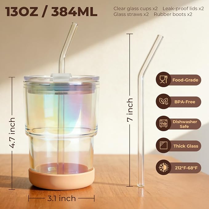 Zukro 13 oz Glass Cups with Lid and Straw 2 Pack, Non-Slip Rubber Bottom | Leak - Image 7