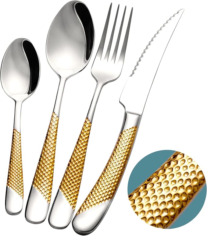 Xideman® 16-Pc Gold Silver Hammered 18/10 Stainless Steel Silverware Set | by Xideman