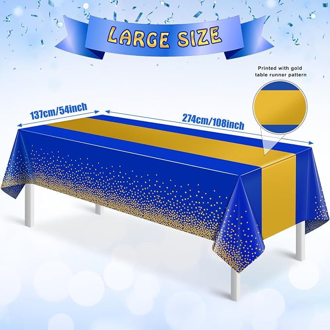 MASHAN 1Pcs Blue Gold Tablecloth Party Decorations, Plastic Royal Blue Table - Image 2