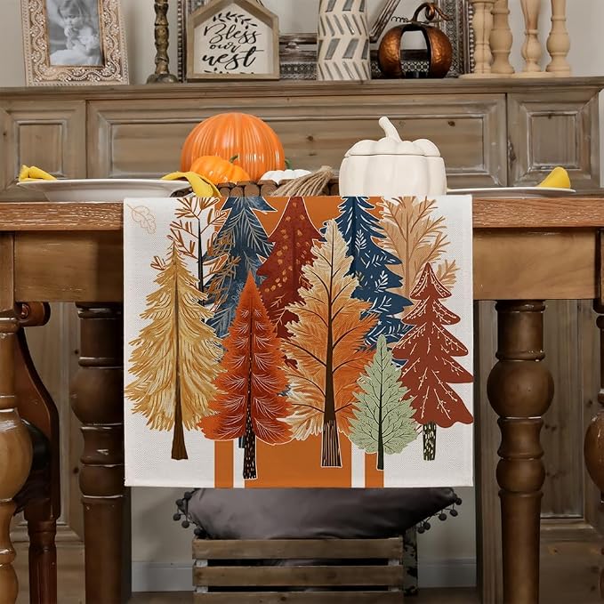 Fall Watercolor Trees & Maple Leaves Striped Table Runner 13x90 Inch, Rustic - Image 3