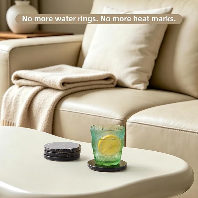 Natural Marble Coaster Set of 4.Round Drinks Coasters, Non-Ceramic/Non-Resin | - Image 6