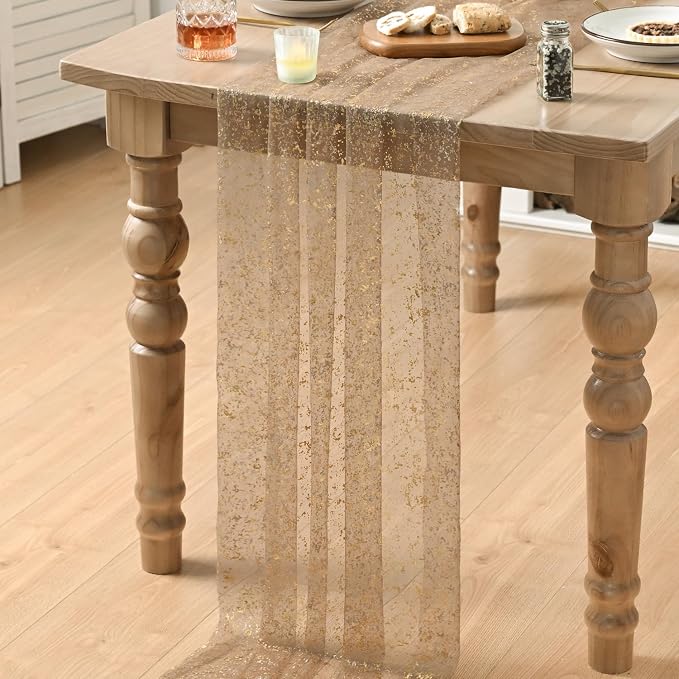 Artoid Mode 3PCCoffee Gold Gauze Table Runner 120 Inch 10FT, Glitter Metallic - Image 5