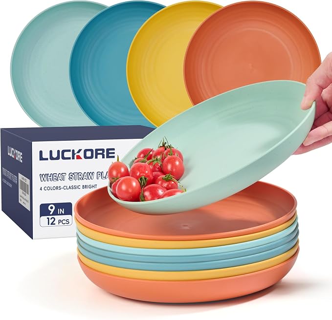 Luckore 9 Inch Wheat Straw Plates, Deep Dinner Plates Set of 12 Unbreakable | by Luckore
