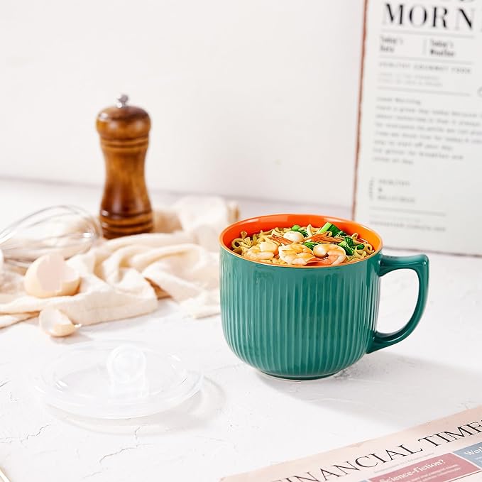 Ceramic Soup Bowl with Handle & Lid, 32oz Microwave Ramen Bowl Set of 2 | Green - Image 7