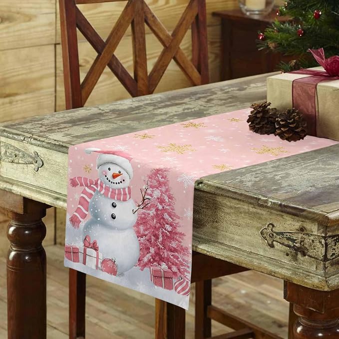 Pink Christmas Snowman Short Table Runners 36 Inches, Cotton Linen Fabric - Image 3