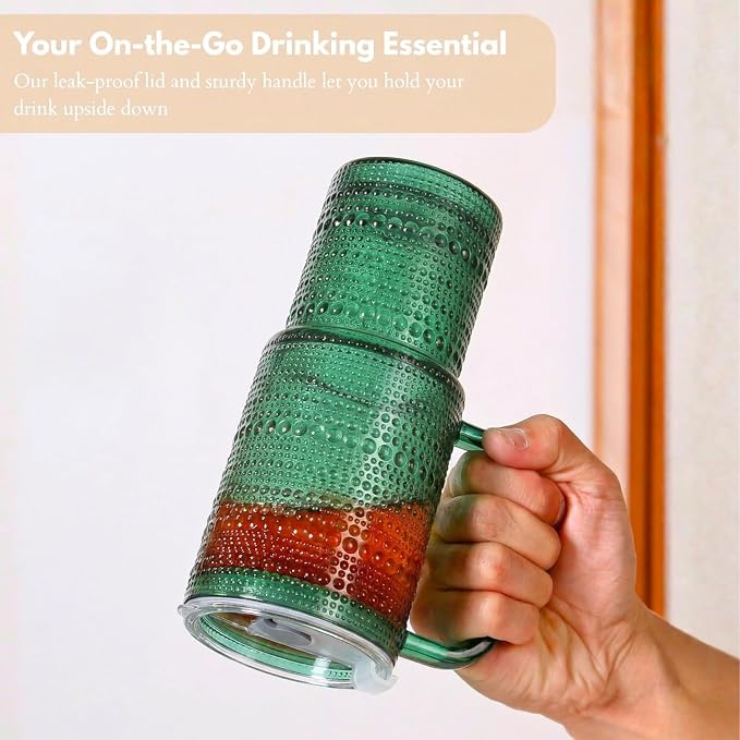 20 oz Green Glass Tumbler with Lid and Straw, Glass Iced Coffee Cups, - Image 4