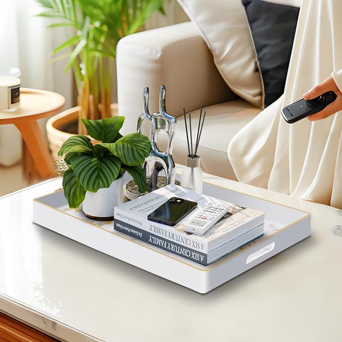 Plastic Serving Tray with Handles, Rectangle White Decorative Tray | Coffee - Image 6