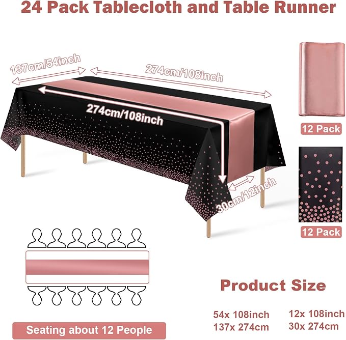 24Pack Disposable Plastic Tablecloth and Satin Table Runner Black and Rose Gold - Image 2