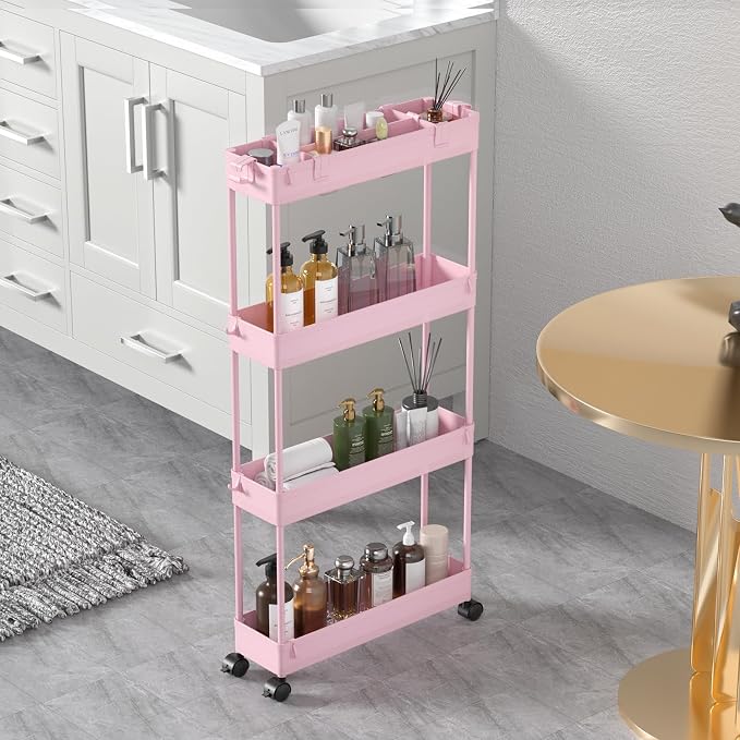 Slim Storage Cart 4 Tier, Bathroom Organizer Rolling Utility, Mobile Shelving by Home