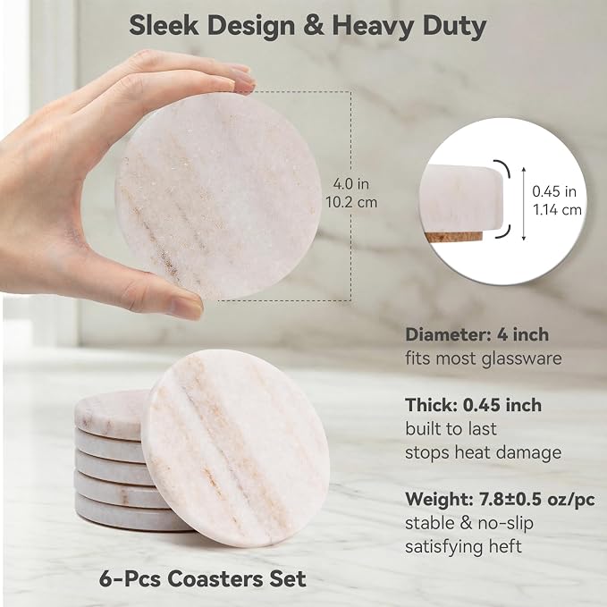 Cream White Marble Coasters Set of 6, Modern Neutral Drink Coaster - Image 4