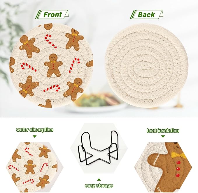 YETTASBIN Christmas Gingerbread Man 6 Pcs Drink Coasters - Image 4