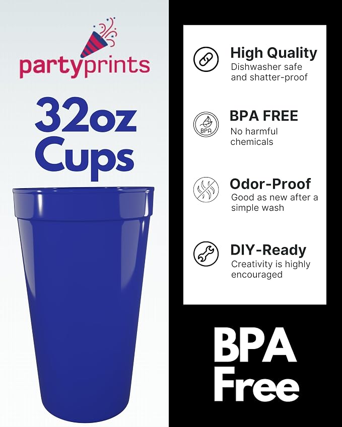 PartyPrints 10 Pack 32 oz Royal Blue Reusable Blank Plastic Cups, Colored - Image 2