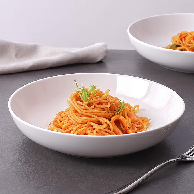 DOWAN 9.75" Pasta Bowls Set of 4, Large Shallow White Ceramic Salad Bowls - Image 3