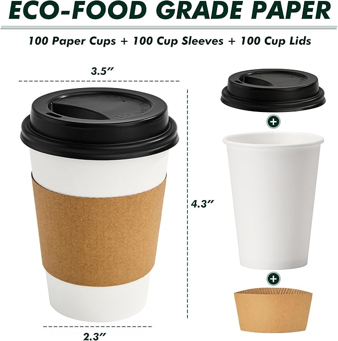 12 oz Coffee Cups with Lids and Sleeves 100 Pack, Thickened Paper Cups - Image 2