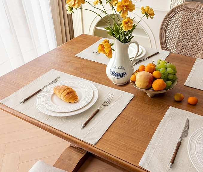 Linen Checked Placemats Set of 6, Ivory Rustic Place Mats 12x18 Inch | Raised - Image 5