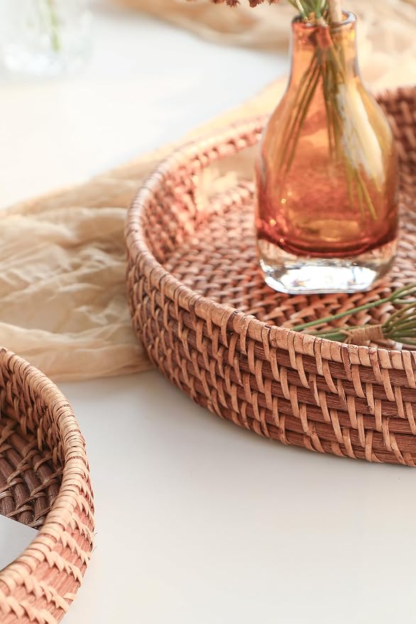 HITOMEN 14.2" Hand-Woven Round Rattan Serving Tray Decorative Ottoman Wicker - Image 4