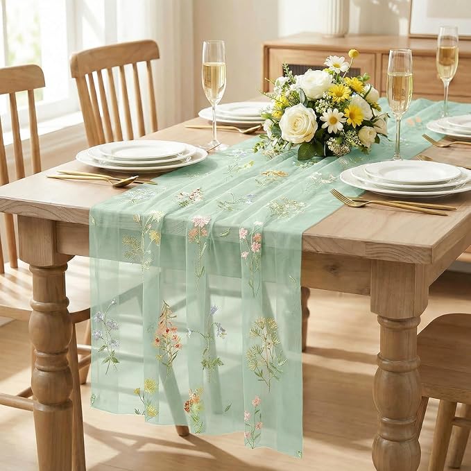 Artoid Mode 3PC Wildflower Floral Sage Green Gauze Embroidery Table Runner 120 - Image 2