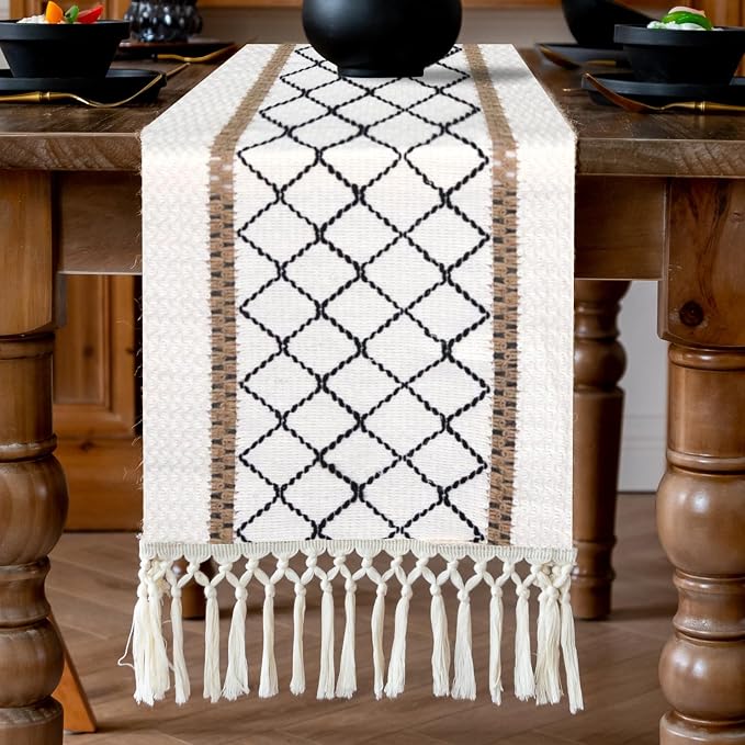 EMMTEEY Macrame Table Runner Boho Style 36 Inches Long, Hexagonal Black | - Image 5