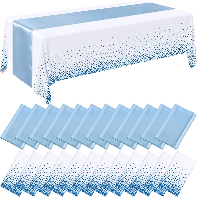 24 Packs Baby Blue and White Disposable Plastic Tablecloths and Satin Table by Breling