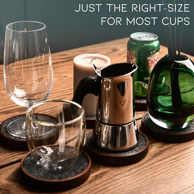Wood Coaster for Drinks, 4.3 Inch, Absorbent and Insulation Felt Stackable Cup - Image 2