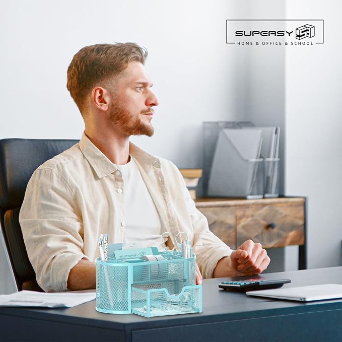Mesh Desk Organizer with Drawer, 9-Compartment Pen Holder - Image 2