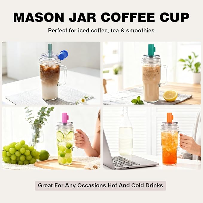 ANOTION Mason Jar Cups with Lids and Straw, Leakproof 24oz Glass Tumbler with - Image 7