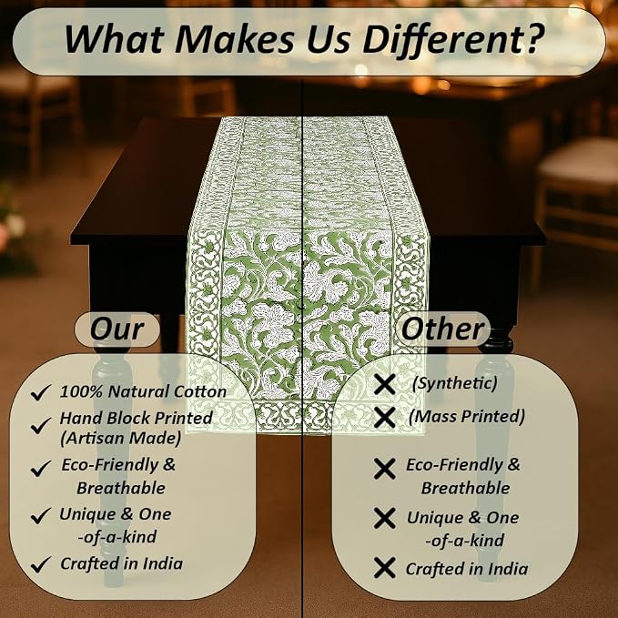 Sage Green Hand Block Print 100% Cotton Table Runner 16x106 Inch | Perfect - Image 9