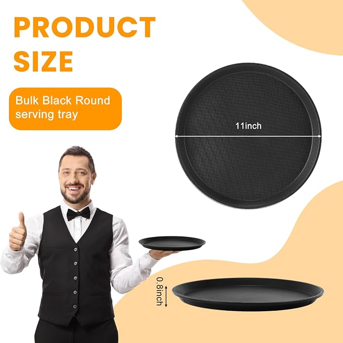 12 Pcs Black Restaurant Serving Trays Bulk Plastic Non Slip Surface Round Drink - Image 2
