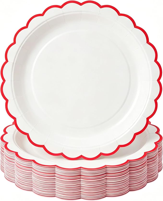 30 Pack Red and White Paper Plates 7 Inch, Disposable Scalloped Plates Dinner by Unknown