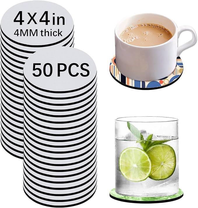 50 PCS Sublimation Blank Cup Coasters Bulk, 4x4 Inch Round Blank Cup Mat Rubber by OKBA