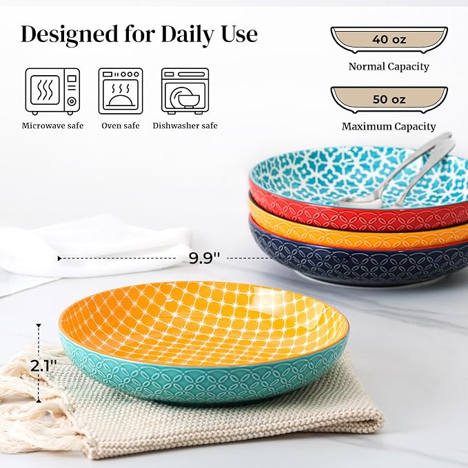 DOWAN 10" Vibrant Pasta, Salad & Soup Serving Bowls Set of 4, Embossed Large - Image 2