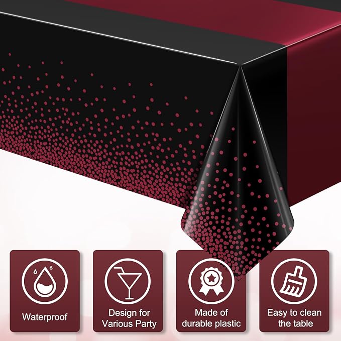 3Pcs Black and Maroon Tablecloth Party Decorations, Plastic Black Table Cloth - Image 3