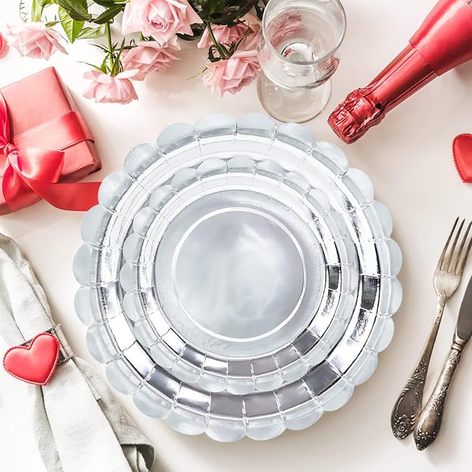 50 Pcs Silver Scalloped Paper Plates 25 × 7'' and 25 × 9'' Disposable Silver - Image 2