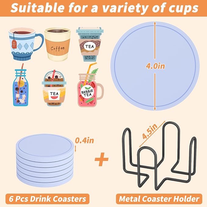 Azhou 6Pcs Drink Coaster with Holder, Baby Blue Absorbent Coasters - Image 3