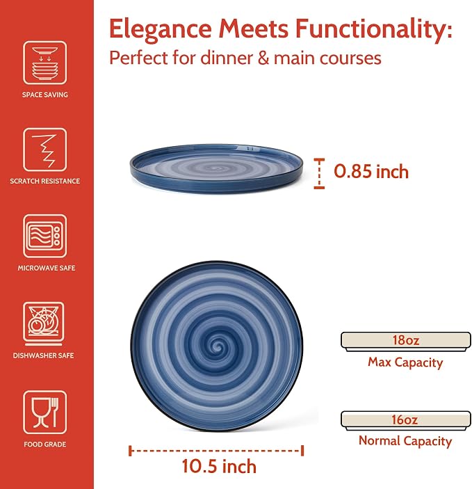 Sweese 10.5 Inch Porcelain Dinner Plates Set of 6, Gradient High Edge Dish Set - Image 3