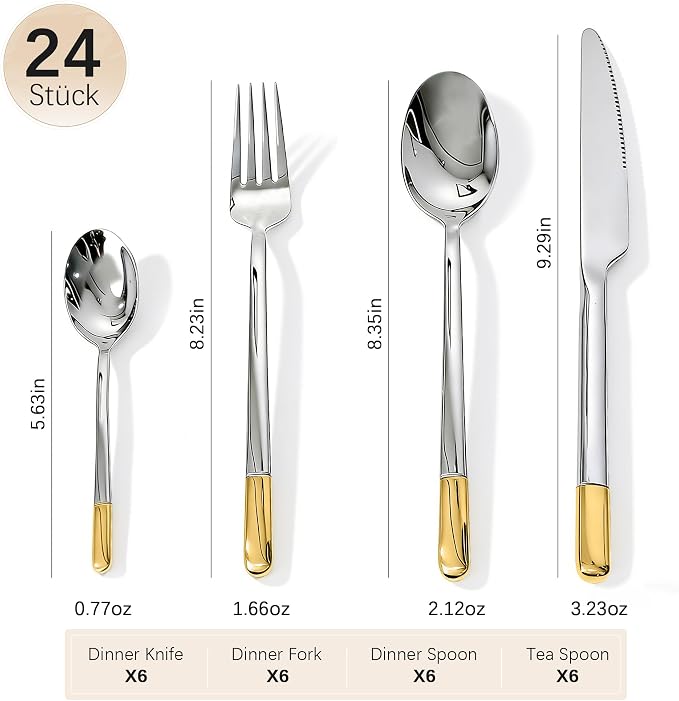Silverware Set Service for 6, IKXO 24-Piece Modern Stainless Steel Flatware - Image 2