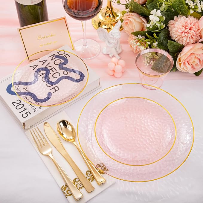 Rubtlamp 175 Pcs Pink Plastic Plates Dinnerware Set, Hammered Party Platos Set - Image 7