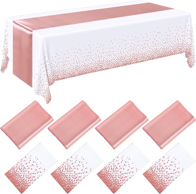 8 Pack White and Rose Gold Disposable Plastic Tablecloths and Satin Table by Breling